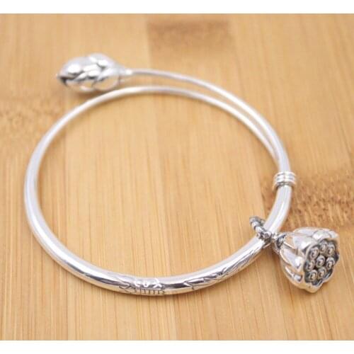 Pure 925 Sterling Silver Bangle Carved Pattern Lotus Adjustable Bracelet 25-26g For Women Lucky Gift