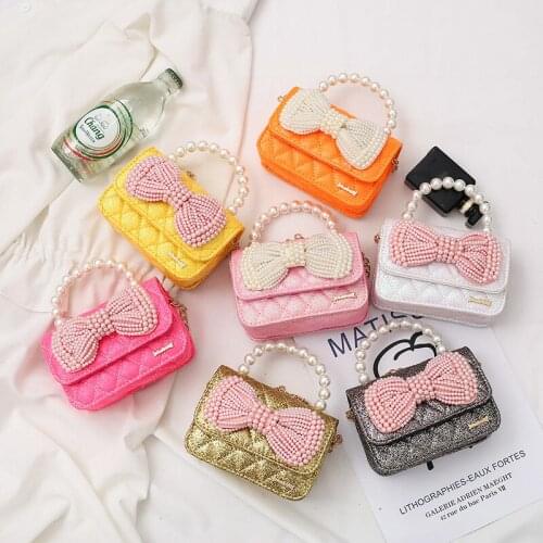 Kids Mini Purses 2020 Cute Shiny Pearl Bowknot Crossbody Bags for Baby Girls Small Coin Pouch Party Hand Bag Purse Gift