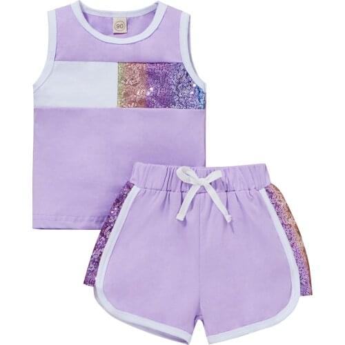 Childrens Sets Contrast Color Clothes Set, Girls Sleeveless O-neck Vest with Sequins + Side Split Shorts 2021 New Fashion