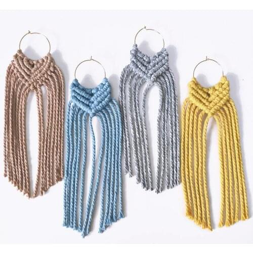 Long Fringed Macrame Hand-Woven Earrings Boho Fashion Bohemia Dangle Earrings Morandi Handmade Holiday Accessories Jewelry Gift