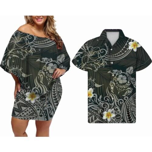 Hycool Elegant Off Shoulder Bodycon Dress For Women Polynesian Sea Turtle Print Casual Plus Size Dress Match Hawaiian Men Shirts