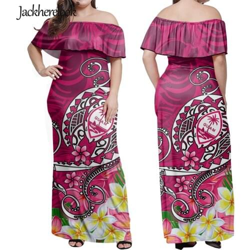 Jackherelook Vintage Polynesain Guam Hawaiian Plumeria Print Summer Off Shoulder Dress for Womens Bodycon Maxi Vestidos Mujer