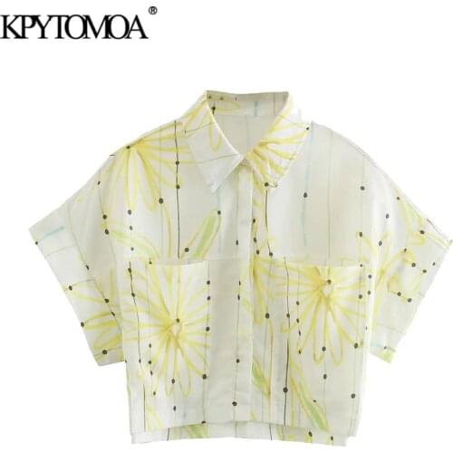 KPYTOMOA Women 2021 Fashion With Pockets Daisy Print Cropped Blouses Vintage Short Sleeve Button-up Female Shirts Chic Tops