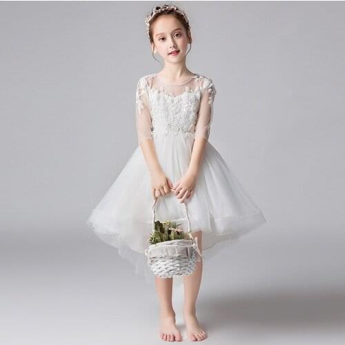2021 Formal Girls Dress Aline Gown O-Neck Princess Lace Flower Girl Tail for Party Girl Clothes 3 4 6 8 10 12 14 Years RKF194013