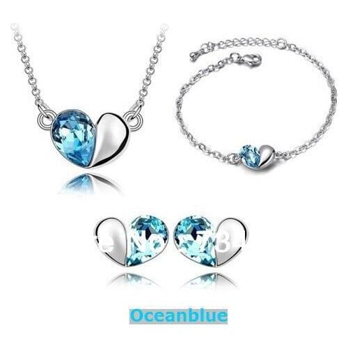 Hot Sales OL Style white silver color Austrian crystals Pendant heart Earrings/necklace/bracelet Jewelry set