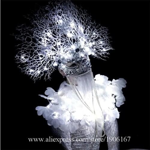 Fashion DS White Branches White LED lights Costumes Dance Team Clothing Party Halloween Performance DJ Singer Dancer Outfit