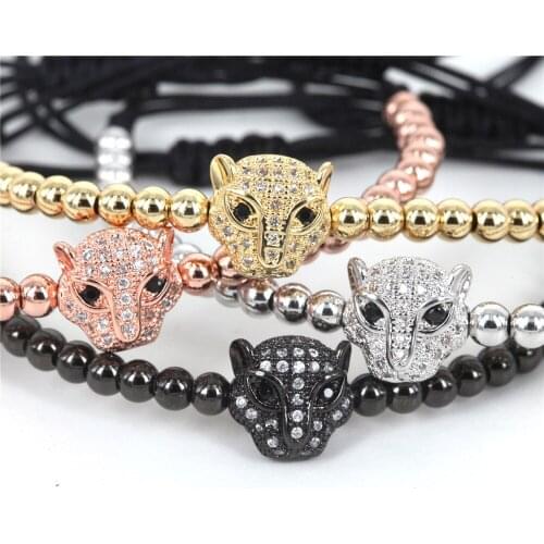 Fashion Men Bracelet,4mm Round Brass Beads & Leopard Head Braiding Macrame European American Weaving Bracelets,Gift