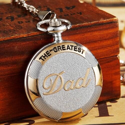 Vintage Silver Golden Luxury THE GREATEST DAD Quartz Pocket Watch Fob Chain Necklace Mens Fathers Gifts Clock Relogio De Bolso