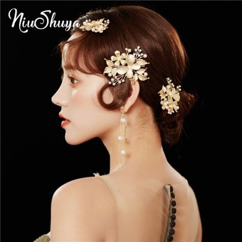 NiuShuya Korea Bride Butterfly Flower Hair Accessories Baroque Golden Leaf Headdress Set Pearl Rhinestone Flower Accessories
