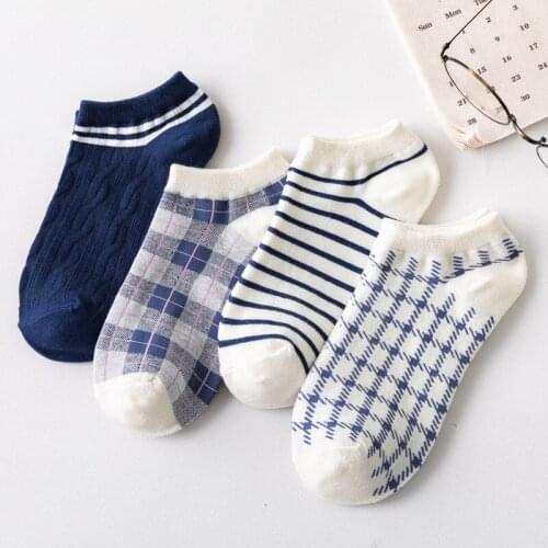 Women Loafer Socks Girl Houndstooth British Style Allmatch Cotton Socks Blue Stripe Lattice Invisible Socks Women Slipper Sock