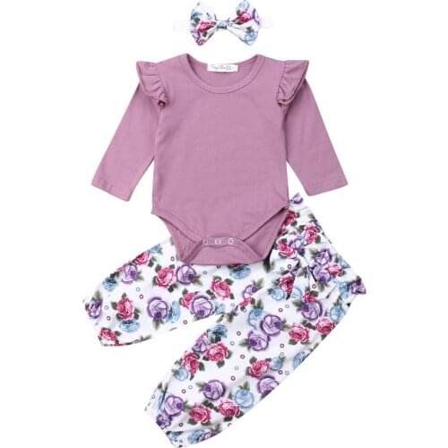 3Pcs Newborn Infant Baby Girl Autumn Outfit Clothes Ruffle Long Sleeve Bodysuit Jumpsuit Top+Floral Pants Tousers+Headband 0-24M