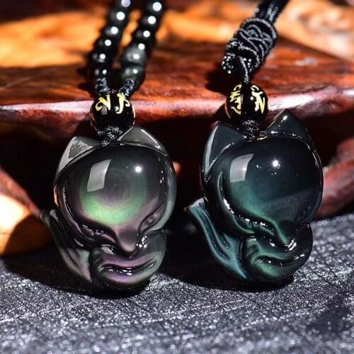 Natural Carved Colour Obsidian Fox Pendant Black Green Necklace Charm Jewellery Fashion Lucky Amulet Gifts Men Sweater Chain