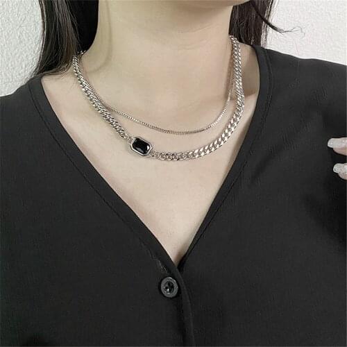 316L Stainless Steel Double Chain Necklace Retro Wild Fashion Black Pendant Necklace No Fade