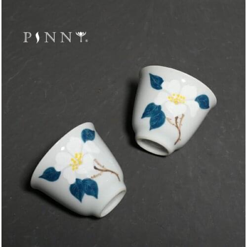 PINNY 42ml Hand Painted Camellia Teacups Traditional Chinese Porcelain Tea Cup Hand Made Kung Fu Tea Accessories Ceramic Glaze