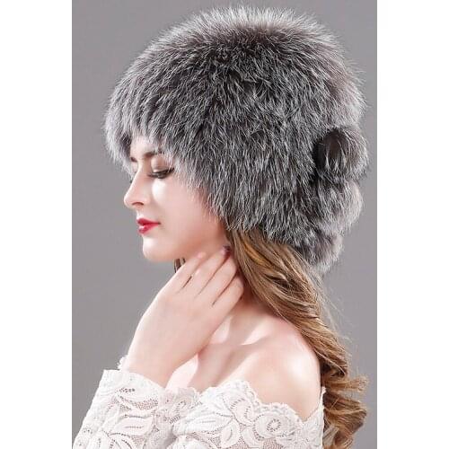 Five Styles Of Natural Silver Fox Fur Cap Real Fox Fur Pompom Hat Knitted Russian Female Hat