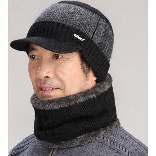 Middle-aged and Elderly Hats Mens Winter Knitted Woolen Old Hat Outdoor Ear Protection Thickened Warmth Grandpa Hat and Scarf