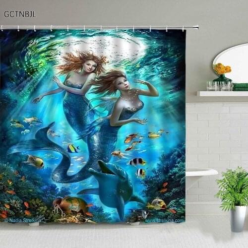 Mermaid Print Shower Curtains Sexy Girl The Underwater World Scenery Cartoon Kids Bathroom Home Decor Bathtub Screen With Hooks