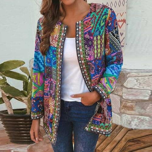 Fashion Ethnic Floral Print Open Stitch Jacket Women Autumn Winter O Neck Long Sleeve Loose Coat Chic Female Top Plus Size L-6XL