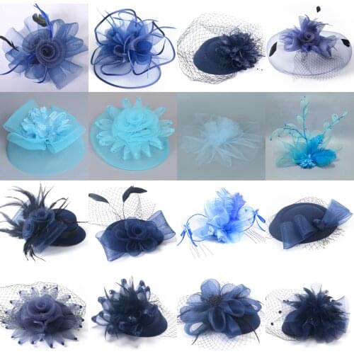 16design Women Blue Handamde Feather Netting Fascinators Pillbox Hat Hair Clip Veil Lace Flower Accessory