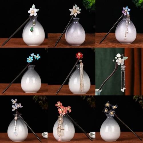 Chinese Vintage Style Hair Forks Flower Hairpin Clips Wooden Hair Sticks Pearls Bead Tassel Walk Shake Art Hair Jewelry Handmade