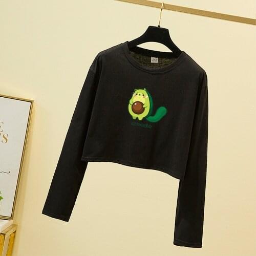 Women Crop T Shirts O-Neck Avocado Print Cropped Tops Cotton Summer Long Sleeves Oversized T-shirt Fashion Vintage Stretch Tees