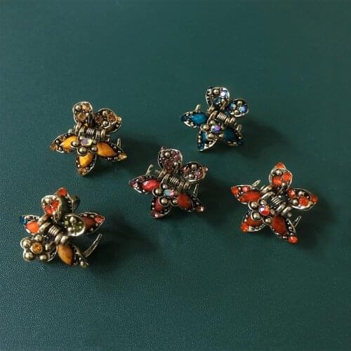 Morkopela Flower Hair Jewelry Vintage Rhinestone Small Hair Claw Crab Antique Metal Hair Clip For women Hair Accessories