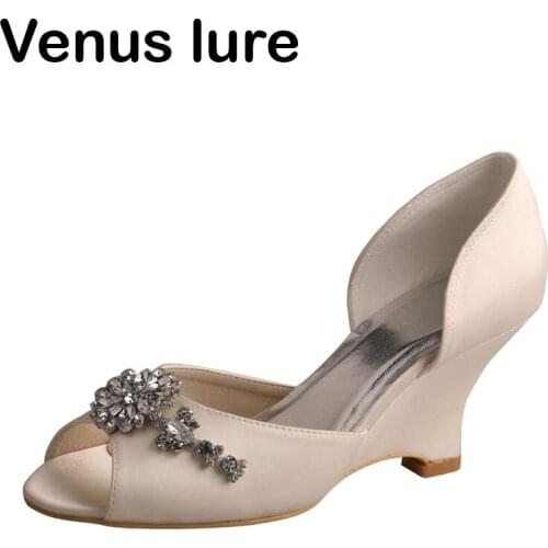 Ivory Satin Peep Toe Bride Shoes for Wedding Wedge with Crystals Women Pumps