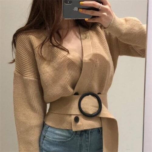 2021 Autumn And Winter New Fashion Retro Double Breasted Knitted Cardigan V Neck Belted Short Sweater Coat