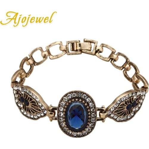 Ajojewel Anitque Gold-color Vintage Bracelets For Women High Quality Blue Crystal Bracelet Bijoux Femme