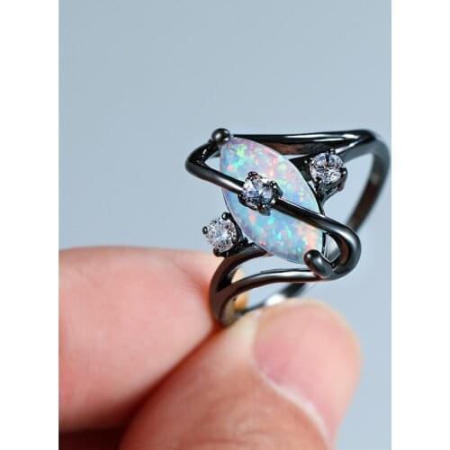 Boho Female White Opal Stone Ring Geometric Marquise Engagement Ring Vintage Black Gold Wedding Rings For Women Fashion Jewelry