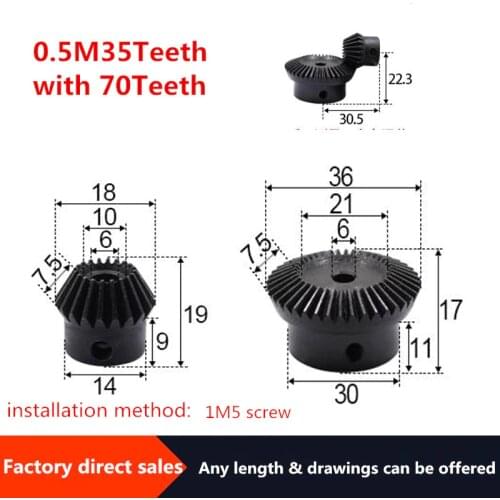 2pcs 1:2 Bevel Gear 0.5Modulus 35 Teeth + 70teeth Inner Hole 6mm 90 Degree Drive Commutation Steel Gears Steel Gears Screw M5