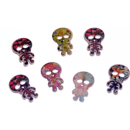 Free Shipping 50Pcs Random Mixed 2 Holes Skull Wood Buttons Sewing Scrapbooking 30x19mm F1110