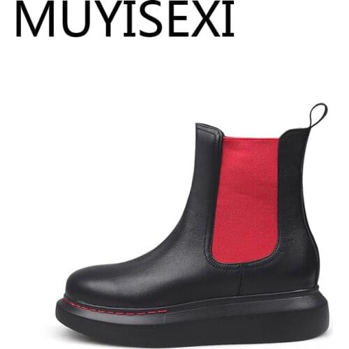 Platform ankle boots genuine leather round toe 4cm med heel lazy design slip on winter season handsome lady HL293 MUYISEXI