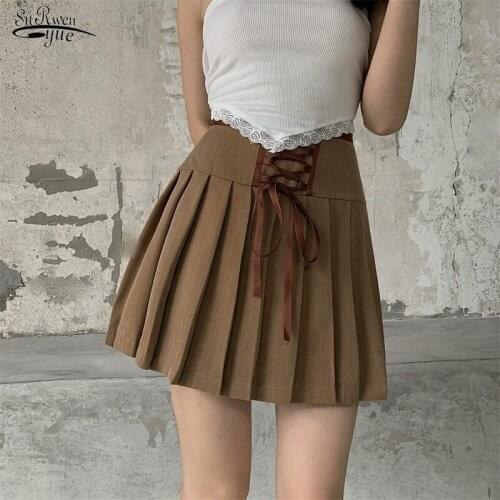 Summer Vintage High Waist Pleated Solid Bow Mini Skirt Sweet Sexy Korean England Preppy Casual Dating Fashion kawaii cute 14879