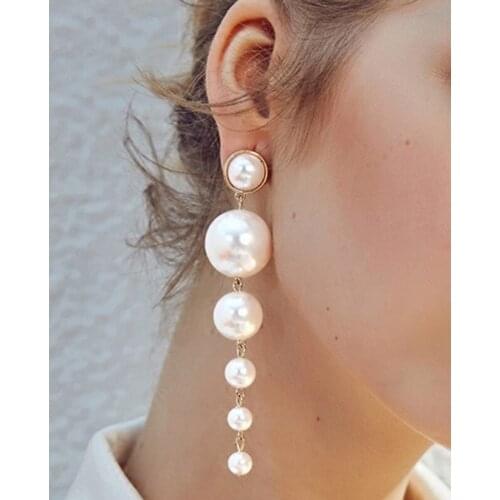 Trendy Elegant Exaggeration Big Simulated Pearl Long Earrings Pearls String Statement Dangle Earrings For Wedding Party Gift