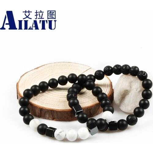 Ailatu Lovers' Gift Fashionable Beads Couple Bracelets Made by 8mm Lava Stone&Black Matte Onyx&White Howlite with Cubic Hematite