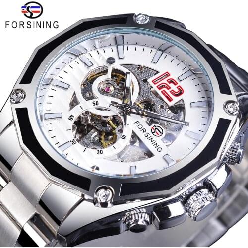 Forsining Transparent Stainless Steel Luminours Hands Open Work Mens Automatic Mechanical Sport Wrist Watches Top Brand Luxury