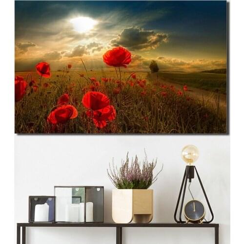 Flowers In The Fields Under The Sunset Landscape Canvas Painting Wall Art Nordic Posters and Prints Wall for Living Room Decor