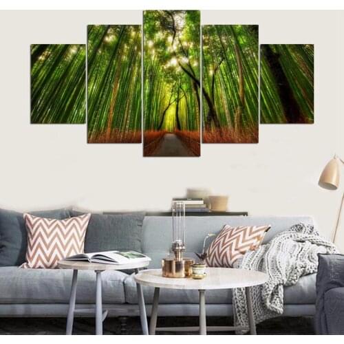 Wall Art Poster Modern Home Decor Living Room Bedroom 5 Pieces Forest Bamboo Path Landscape Canvas Print Painting Pictures