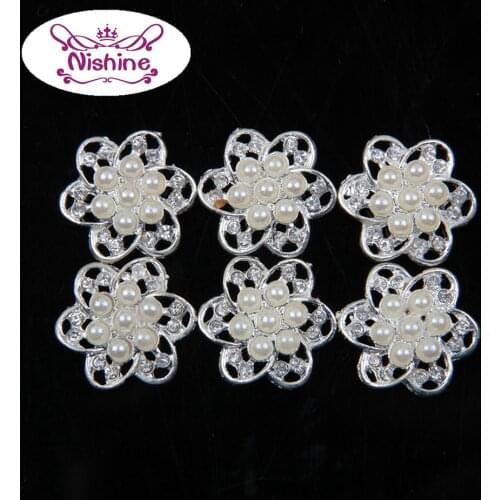 Nishine Vintage Bling Flat Back Silver Rhinestone with Faux Pearl Button DIY Wedding Jewels Craft Hair Accessories Supplies