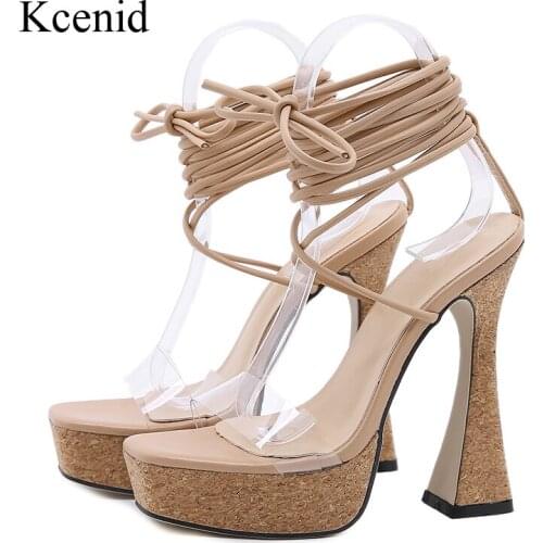 Kcenid 2021 New Summer Sandals Sexy Square Open Toe High Heels Platform Shoes Fashion PVC Ankle Cross-Tied Party Sandals Apricot