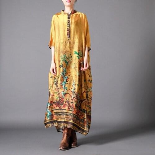 New silk printed vintage women dress + sling dress plus size loose dresses elegant casual robe summer dress cool women clothes