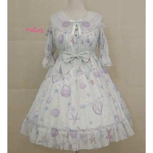 Star Fish & Shells ~ Sweet Printed Lolita Dress Cold Shoulder Short Sleeve Party Dress