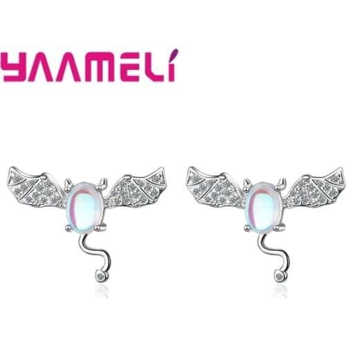 Luxurious Women/Girls Personality Special Bat Design Silver Stud Earring With Colorful Opal Stone For Child Lovely Gift