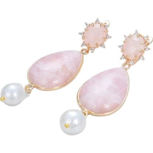 GG Jewelry Natural Pearl Cultured White Keshi Pearl Teardrop Rose Quartzs CZ Crystal Hook Dangle Earrings Lady Girl Gift Jewelry