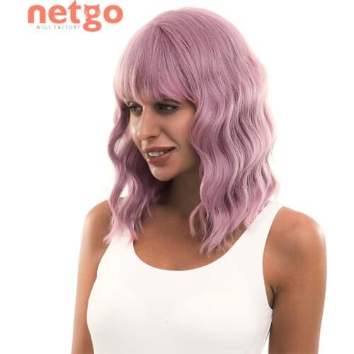 Netgo Synthetic Wigs for Women Short Wavy Pink Wig With Air Bangs Blonde Purple Heat Resistant Fiber Fake Hair for Daily Cosplay
