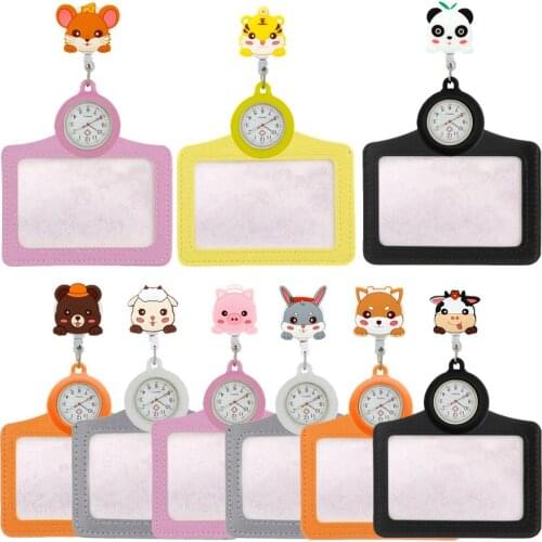 Nurse Doctor Hospital Retractable FOB Pocket Watches Cartoon Lovely Animal Pattern With Clips Badge Reel ID Name Cards Holders
