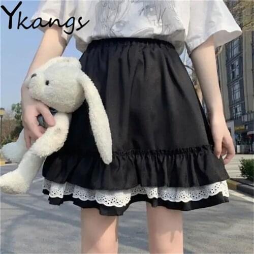 Japanese Kawaii Women Slim Clothing Sweet Cute Lolita Mini Pleated Skirts Harajuku Girls High Waist Elastic Ruffles Lace Skirt
