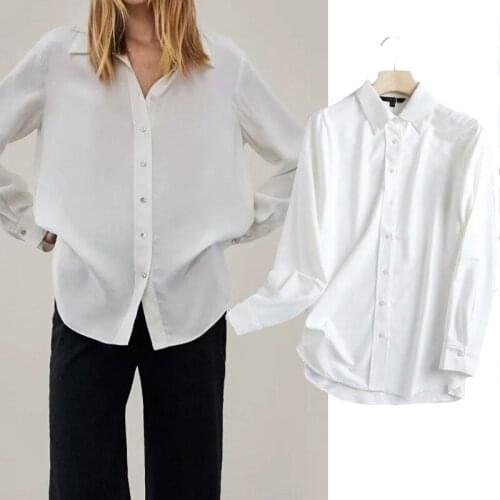 Za Women 2020 White Blouse Women Shirts Vintage Long Sleeve Button-up Female Shirts Office Lady Chic Tops White And Green