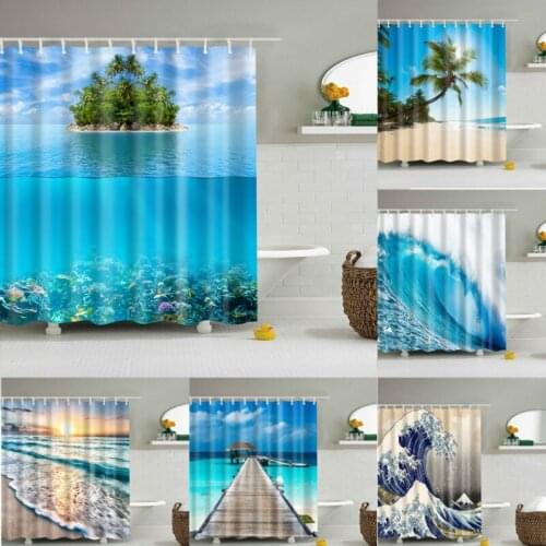 Seaside Sea Beach Sea Wave Coconut Tree Shower Curtains Bathroom Curtain Frabic Waterproof Polyester Bath Curtain with Hooks